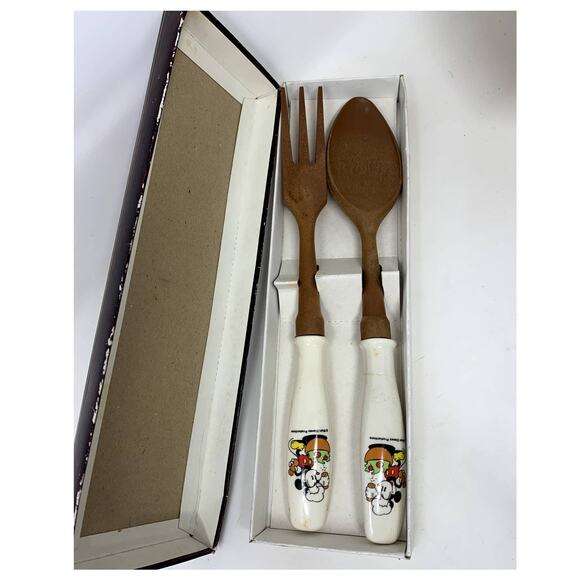 Vintage Disney Mickey Mouse Fork & Spoon Serving Set Wood Retro Kitchen Japan - Picture 1 of 7